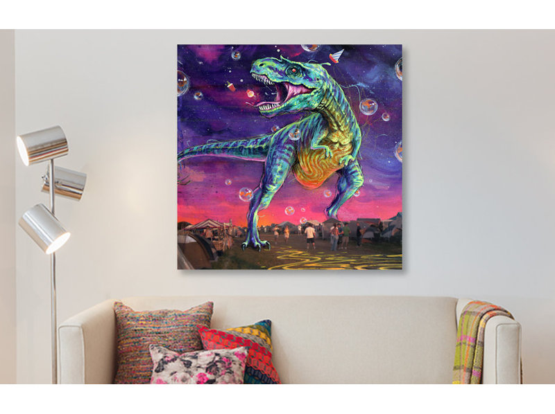 « festasaurus rex », peinture sur toile tendue, H 12 po x l 12 po x P 1,5 po