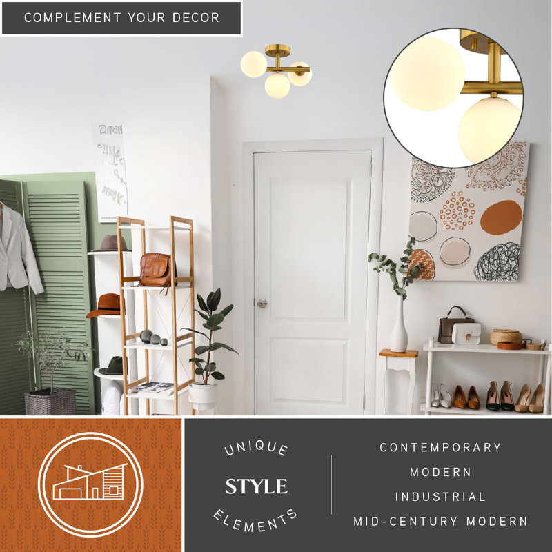 Evan 13-In W Gold Brass Contemporary Semi Flush Mount Ceiling Light Fixture White Frosted Globes