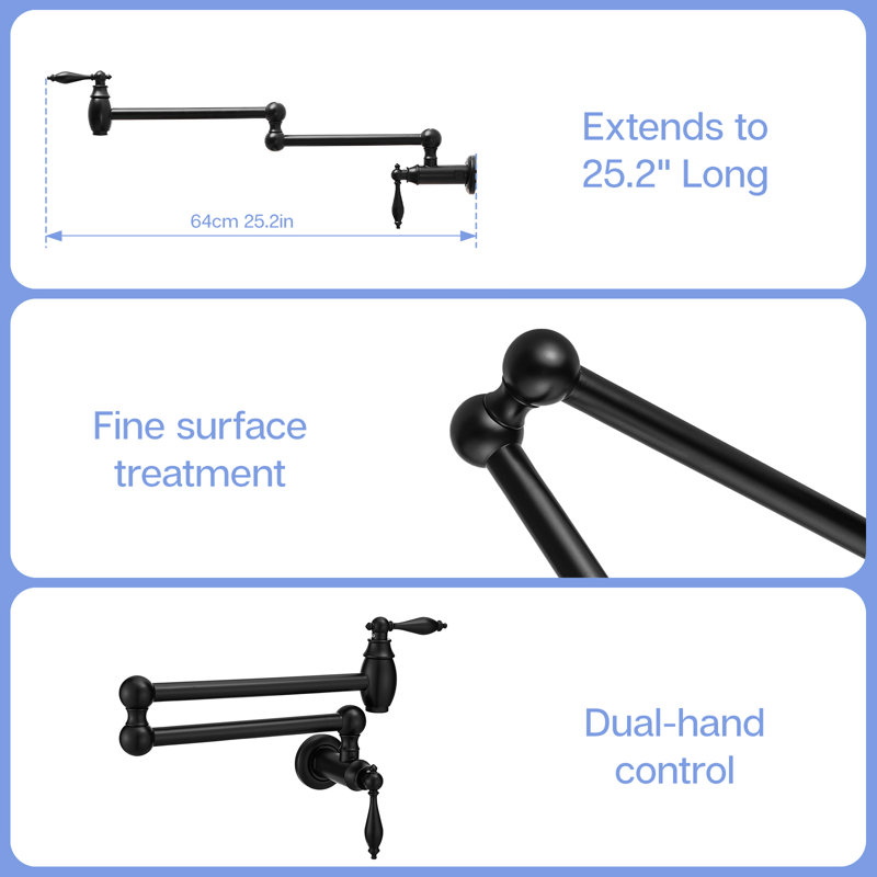 Wall Mounted Pot Filler Faucet, Brass Kitchen Faucet With Double Joint Swing Arms, Matte Black, Classic Style, Safe And Smooth, Leak - , Ceramic Valves Nickel Finish, Stretchable 360 Rotation, Dual