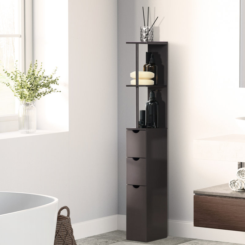 Rangement autoportant pour salle de bain de 54 po de hauteur, tour à linge avec 2 tablettes et tiroirs, rangement étroit, unité de rangement brune, armoire,