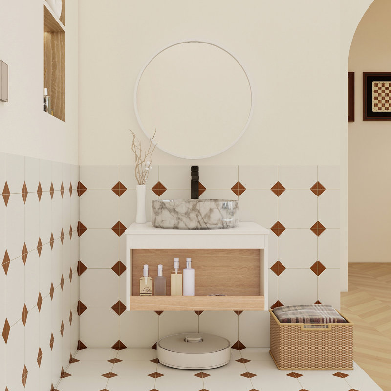 Meuble-lavabo flottant 24 po avec lavabo vasque en marbre veiné gris 24 po, meuble-lavabo mural avec tablette ouverte, finition blanche avec décor en bois, conception moderne peu encombrante (livré dans 2 boîtes)