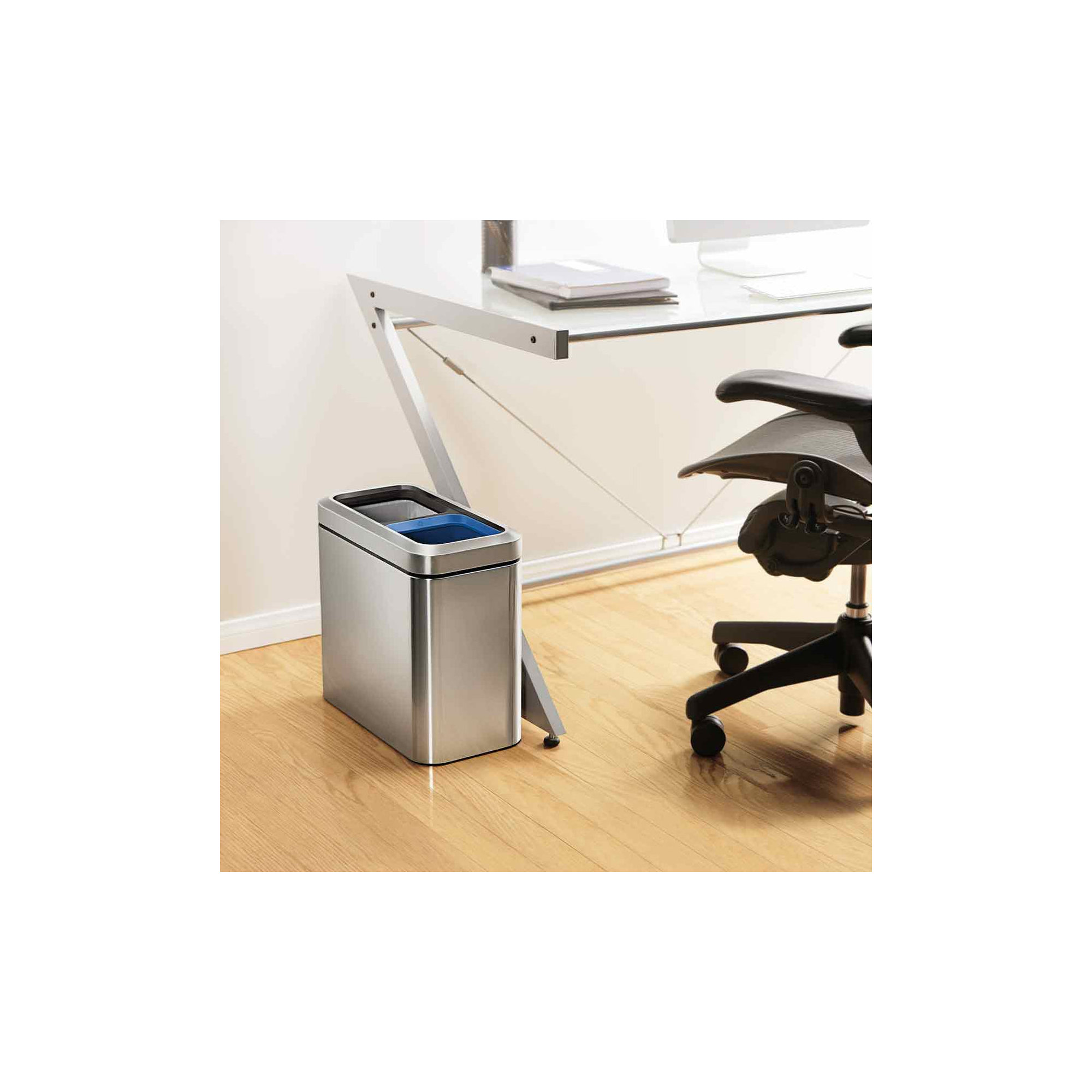 simplehuman 20 Liter Dual Compartment Slim Open Trash & Recycling Can Trash Can, Brushed Stainless Steel