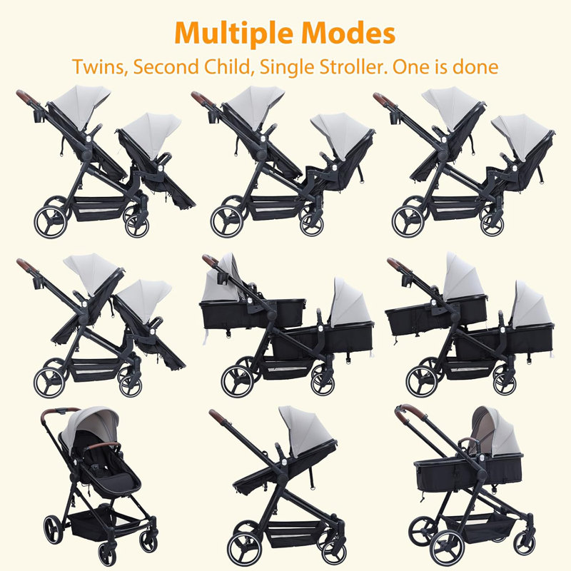 Tandem Double Stroller Newborn and Toddler, Foldable Twin Stroller with Reversible Seat, 5-Point Safety Harness, Adjustable Backrest & Canopy, Storage Basket