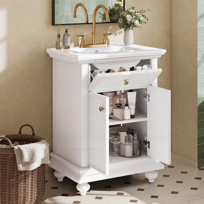 Meuble-lavabo moderne avec tiroir basculant, charnières à fermeture en douceur, Blanc