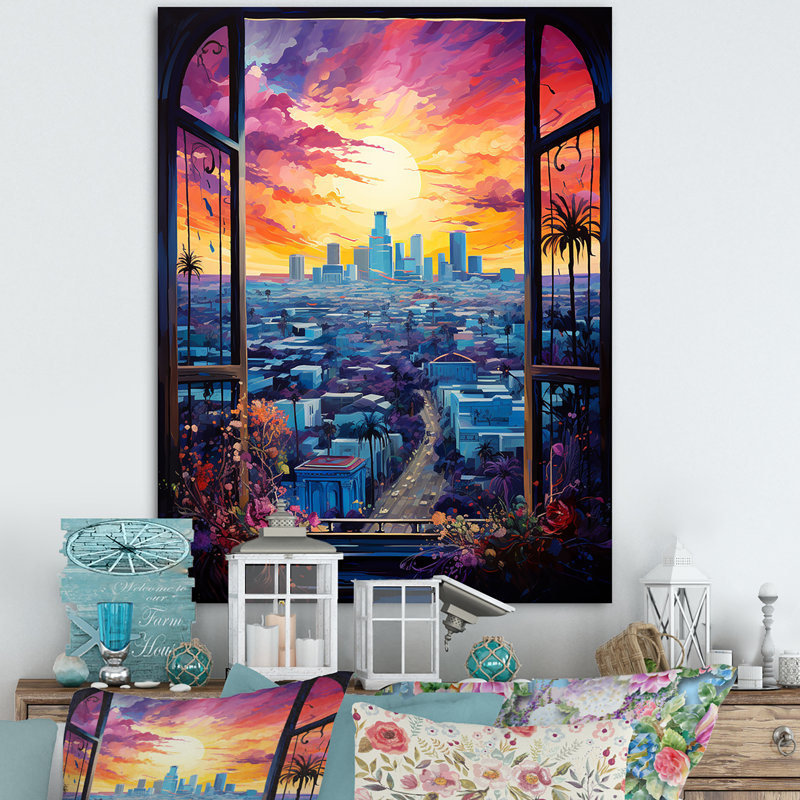 Los Angeles Window View 2 - art mural floral, H 32 po x l 24 po x P 1 po, Toile tendue