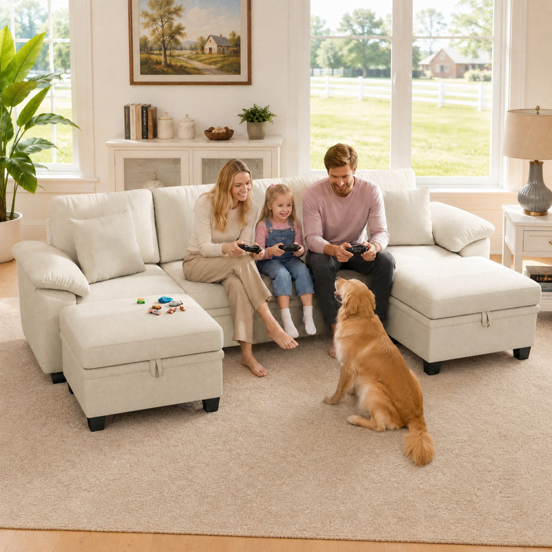Canapé-lit modulaire convertible de 107 po avec rangement dissimulé et accoudoirs rembourrés ergonomiques, Beige Chenille