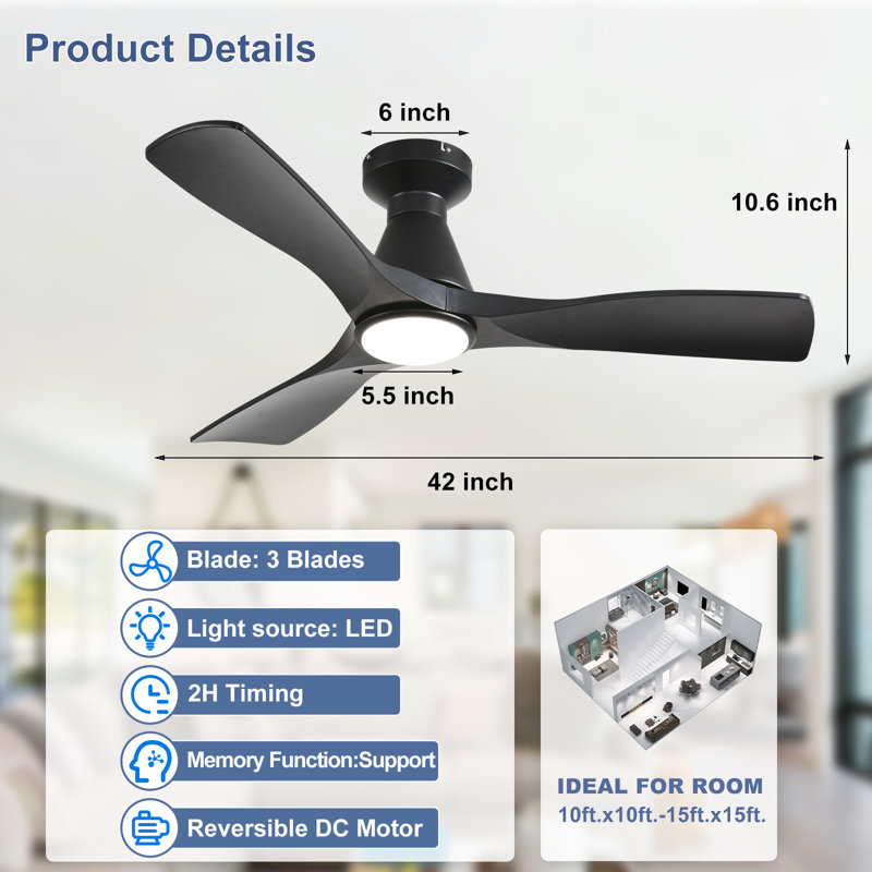 Ventilateur de plafond encastré à profil bas de 42 pouces à 3 pales noires avec lumières et télécommande, Noir, Noir