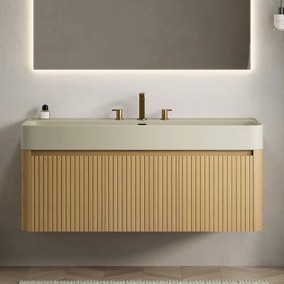 Meuble-lavabo 48 po avec lavabo, meuble de rangement flottant, lavabo intégré à surface solide avec 3 trous de robinet pré-percés, démonté, robinet et drain exclus
