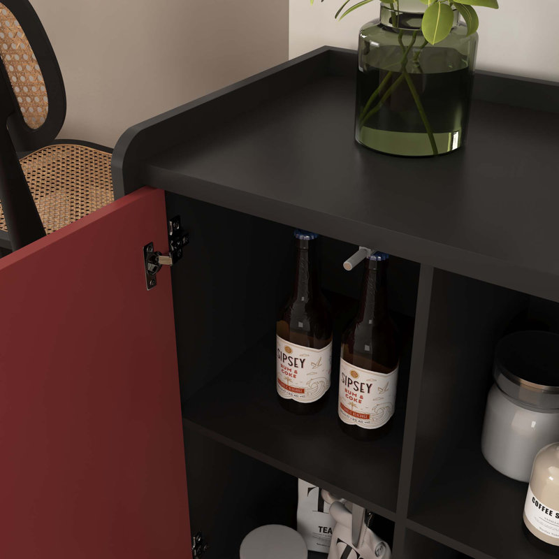 Buffet moderne avec buffet, porte, 2 tiroirs et 2 rangements ouverts, Noir / Rouge