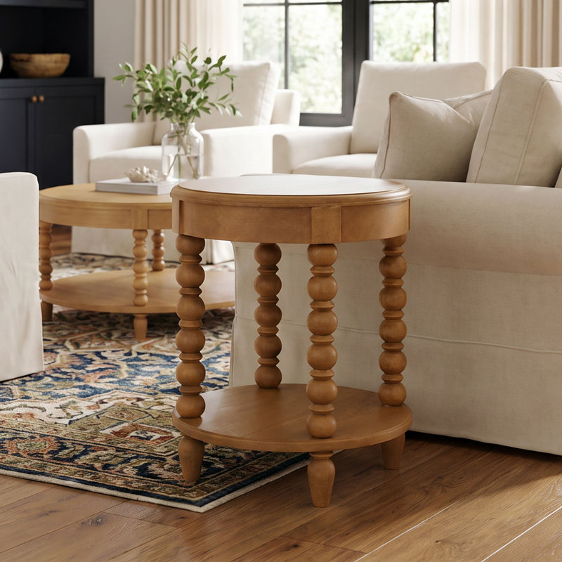 Table d'appoint Elora à pieds tournés ronds avec tablette, 40 cm de largeur, démontable, couleur naturelle claire