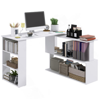 Bureau d'angle en L, bureau à domicile rotatif à 360 degrés avec tablettes de rangement, poste de travail de table d'écriture, blanc