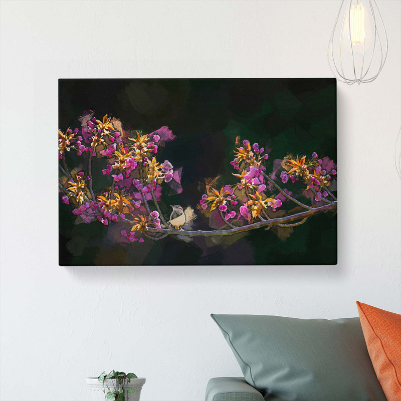 Wren upon a Blossom Tree Branch in Abstract - Wrapped Canvas, 35cm H x 50cm W x 3cm D