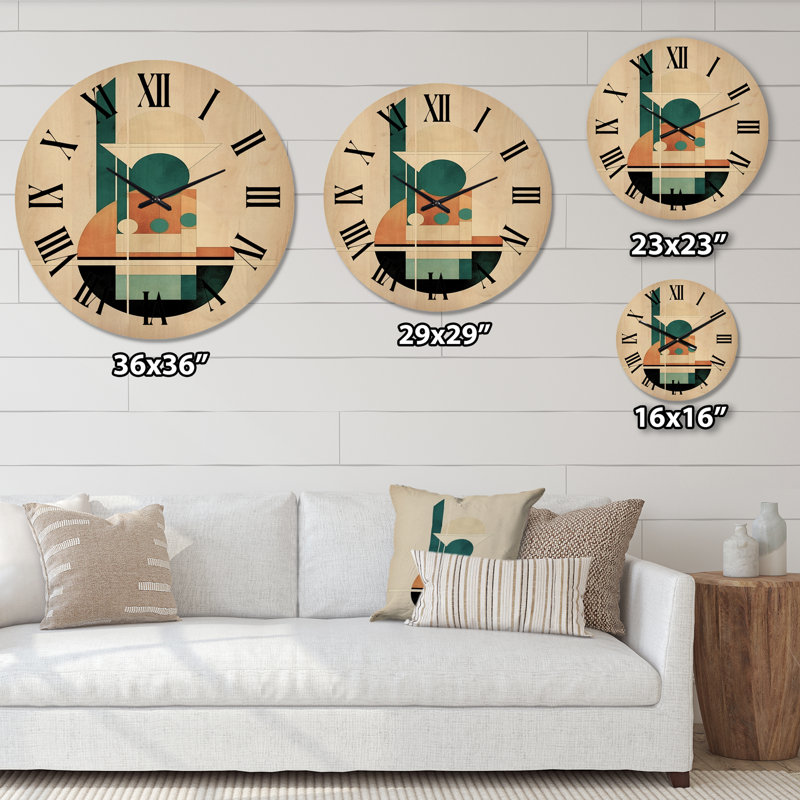 Glorious Full Moon Retro Gold & Teal Abstract II - Modern Geometric Oversized Wood Wall Clock, Medium