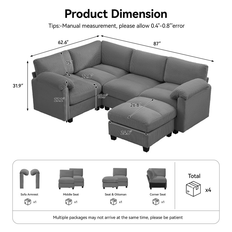 Canapé modulaire 5 places avec accoudoirs coussinés, H 31,9 po x l 87 po x P 26,8 po, Gris chenille