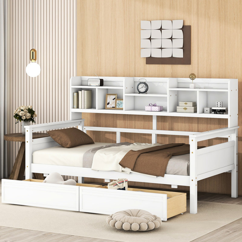 Lit de jour simple avec finition blanche, tablettes de chevet, support en lattes de bois et deux tiroirs sous le lit, Blanc