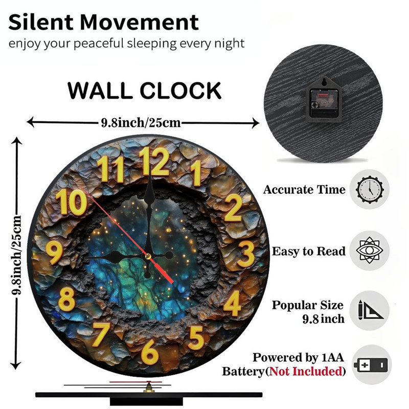Horloge en chiffres dorés sur pierre cosmique