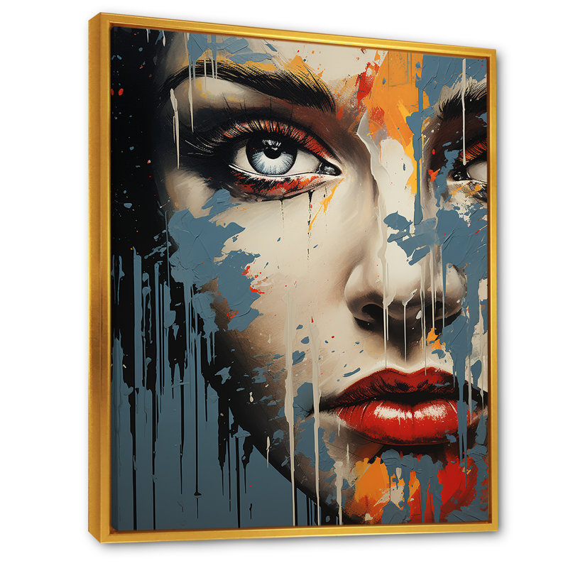 Encre liquide, portrait de femme graffiti I - art sur toile, Cadre flottant doré, H 20 po x l 12 po