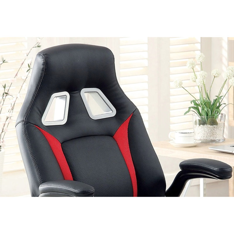 Fauteuil de bureau confortable - noir, détails rouges, hauteur de siège réglable, base de jeu en métal moderne et roues, rembourré, dossier, structure, accents argentés
