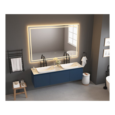 LED Bathroom Mirror with Front and Backlight, Wall Mounted Vanity Mirror with Aluminum Frame, Anti-Fog, Memory, 3 Colors, Stepless Dimmable
