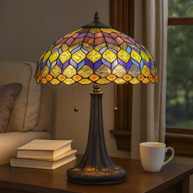 Lampe de table 120 watts Tiffany avec base gravée, multicolore