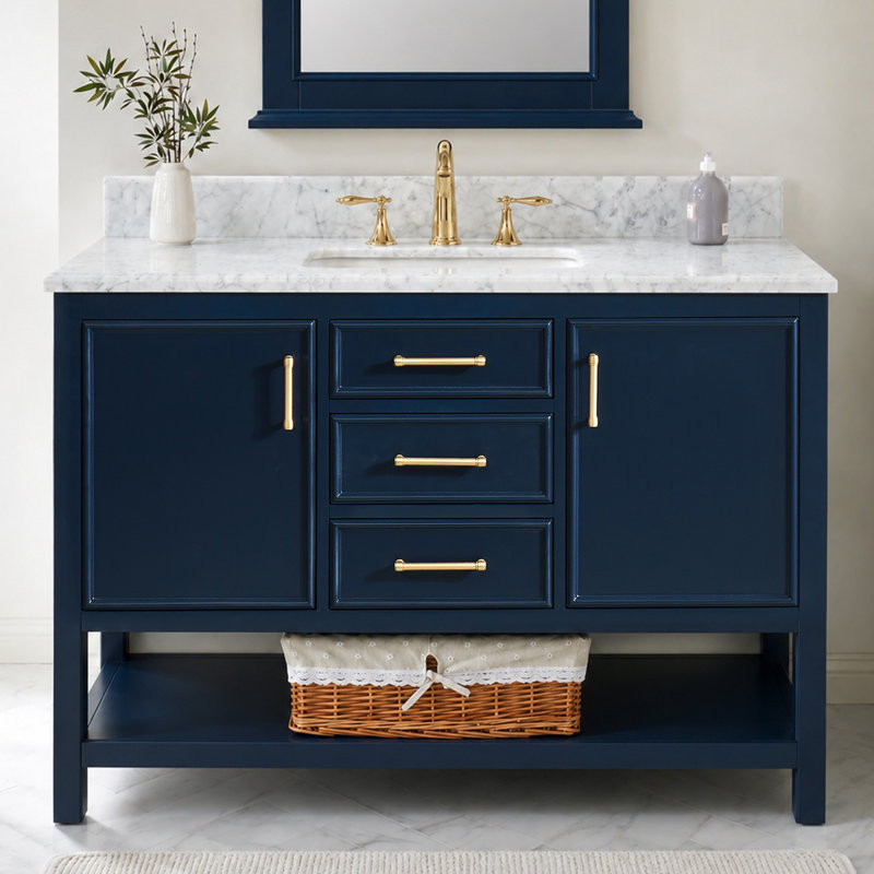 Tona 48'' Single Bathroom Vanity with Marble Top, Navy Blue, Carrara Marble