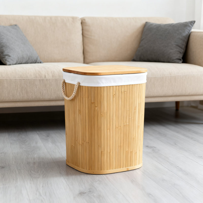 72L Slim Laundry Hamper With Lid, Foldable Bamboo Clothes Basket With Handles And Removable Washable Liner For Bedroom Bathroom Dorm