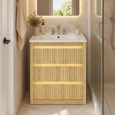 Meuble-lavabo cannelé de 76 cm avec lavabo en céramique, armoire de rangement simple à 3 tiroirs et éclairage DEL