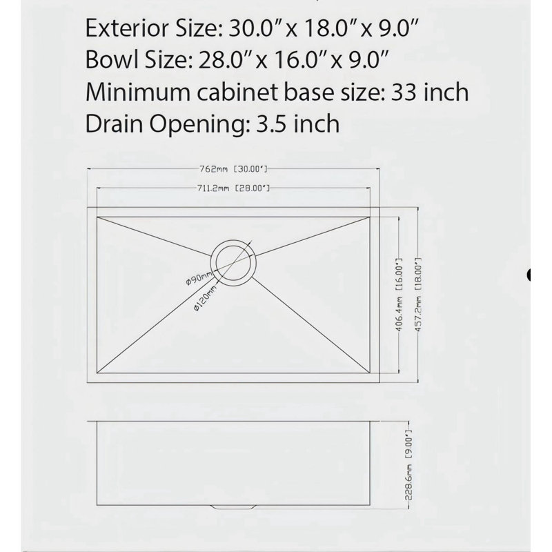 Évier de cuisine encastré 30 po x 18 po x 9 po en acier inoxydable noir de calibre 16 avec ensemble de drain