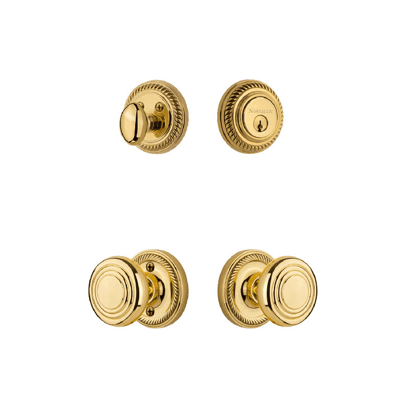 Nostalgic Warehouse Rope Rosette Entry Set with Deco Knob, Unlacquered Brass, 2.375