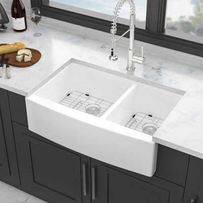 Évier de cuisine blanc en porcelaine blanche 33 x 21 x 10 po à double cuve en céramique 60/40