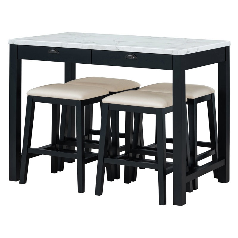 Ensemble de table de bar moderne en faux marbre avec tabourets rembourrés, parfait pour les salles à manger compactes ou les cuisines