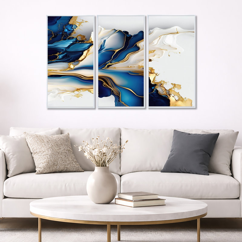 Géode abstraite dorée et bleue forme de marbre III - impression moderne sur toile 3 pièces, H 32 po x l 48 po, Blanc