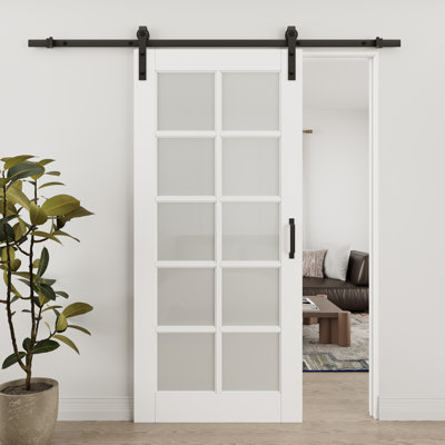 10 Lite Frosted Glass And Manufactured Wood White Sliding Barn Door With Installation Hardware Kit(No Assembly Required)