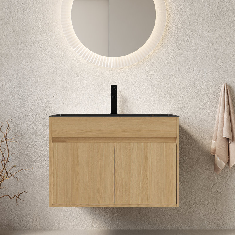 Meuble-lavabo mural moderne en bois massif avec lavabo en acier inoxydable 28 po Modern