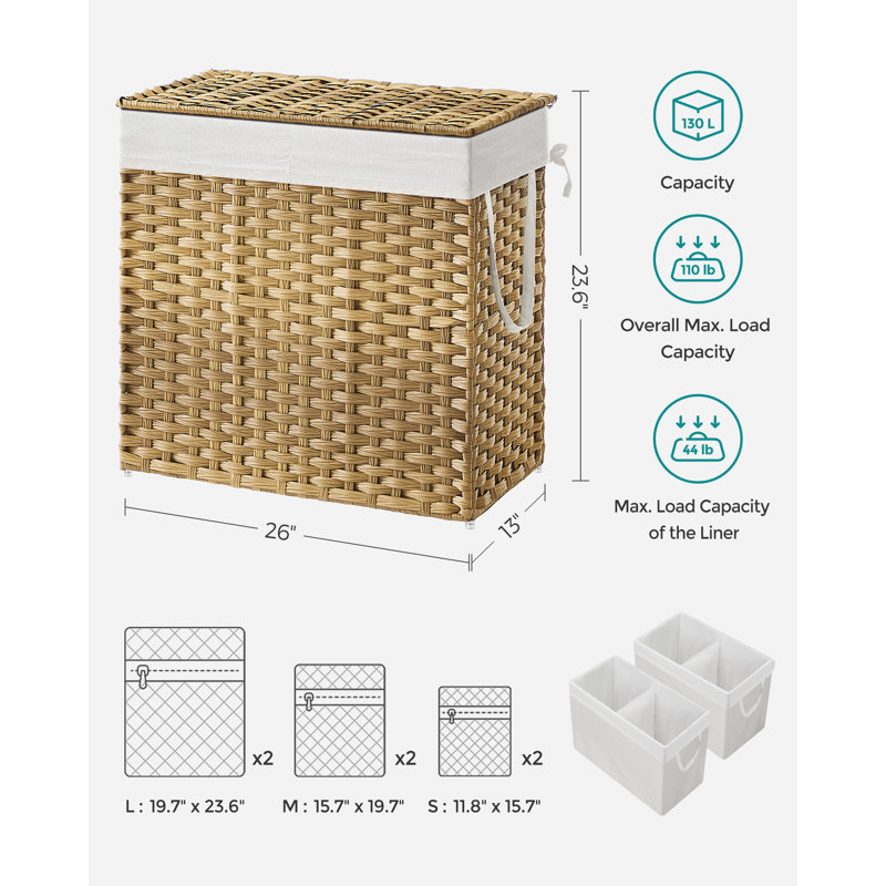130l Clothes Hamper With 2 Removable Liner Bags, Natural