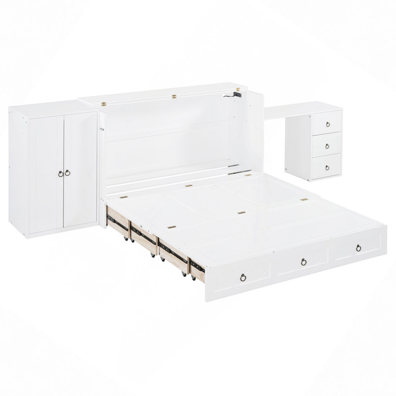 Lit, lit escamotable avec port USB, grand tiroir et armoire / bureau combiné, armoire-lit blanche polyvalente