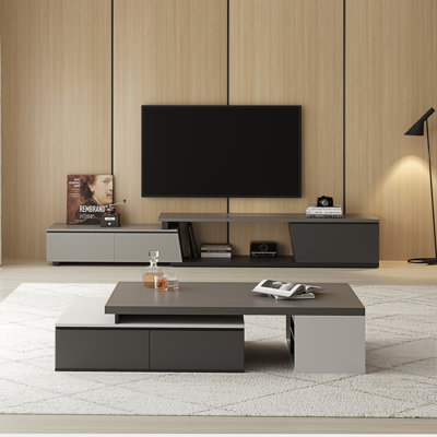 Table basse moderne extensible avec tiroirs cachés et tablettes ouvertes, design contemporain à deux tons