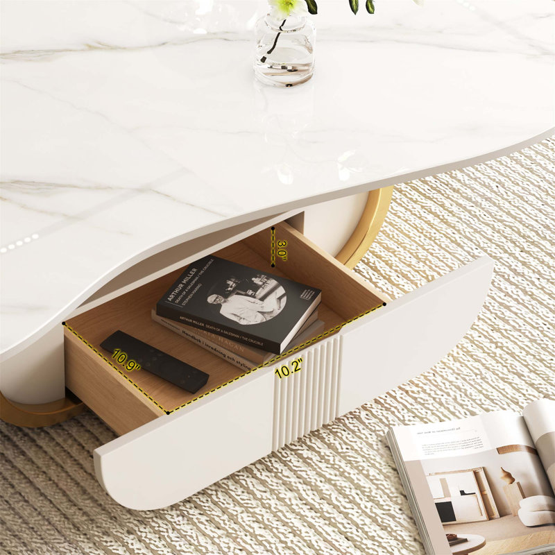 Table basse moderne avec plateau en pierre frittée Modern, Blanc / Doré