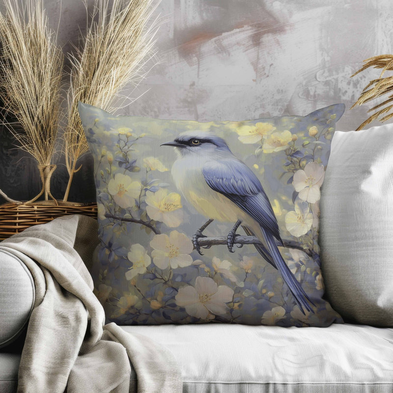 Oreiller floral en faux suède, Bleu/jaune, Carré 26 po