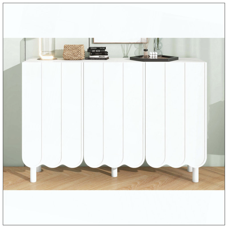 Armoire à chaussures minimaliste avec 5 pieds en bois massif, armoire buffet style avec tablettes réglables, grande armoire de rangement avec portes ondulées pour le salon