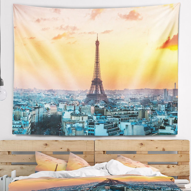Tapisserie cityscape eiffel au soleil à paris, H 32 po x l 39 po