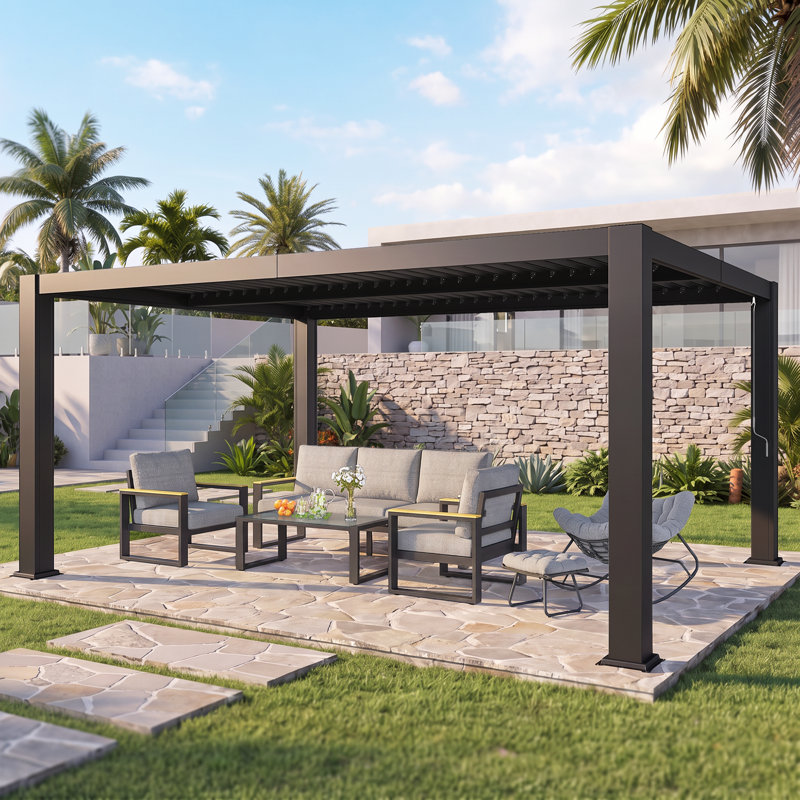 Aluminum 12' x 16' Pergolas with Adjustable Metal Louvers & Hidden Drainage, Weather Resistant Outdoor Pergola with All Aluminum Frame for Backyard, Poolside