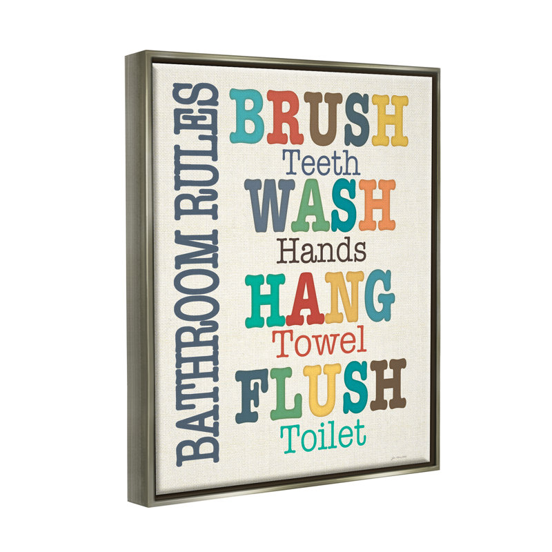 "Colorful Bathroom Rules List", art mural par Jo Moulton, L 25 po x H 31 po, Cadre flottant gris lustré