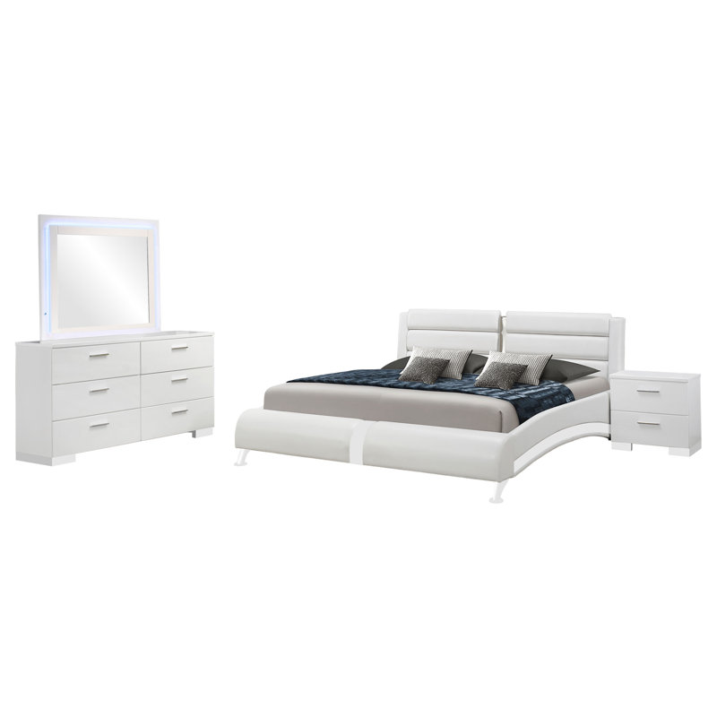 Ensemble de chambre à coucher grand format 4 pièces Zor, similicuir blanc et miroir DEL Zor, Grand lit