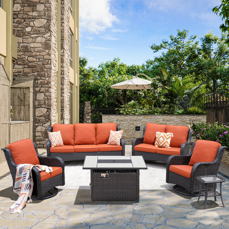 Klodjana Wood Premium All-Weather Wicker 7 - Person Patio Conversation Set with Cushions, Denim Blue, Yes