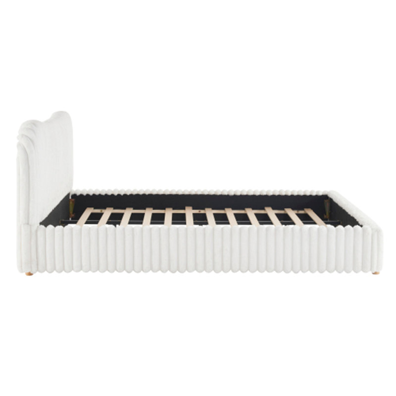 Sleek White Boucle Upholstered Bed with Wavy Headboard & Vertical Stitching, King, King