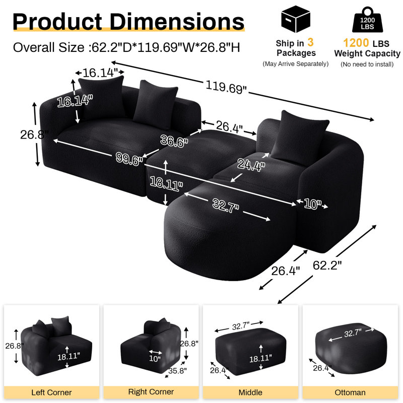 Boneless 119" Modern Curved Sectional Sofa Compression Modular Sofa Couch, Black