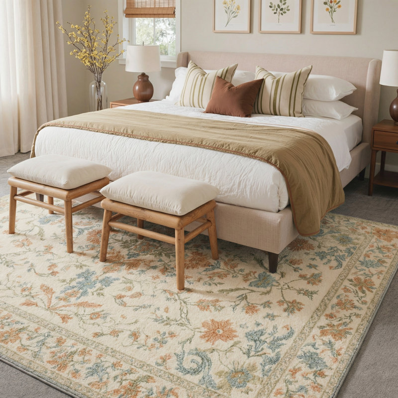 Floral Machine Washable Beige/Orange/Teal Indoor Area Rug With Non-Slip Backing, Rectangle 5' x 7'