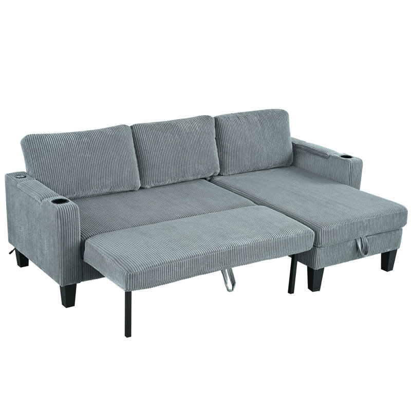 Gray Corduroy L-Shaped Sleeper With Reversible Design, Arm Storage, And Built-In Ports For Bedroom Office - 83.9 In Depth, 50.78 Width, 34.77 Height, 113.86 Lb Weight Convertible Bed Sectional,