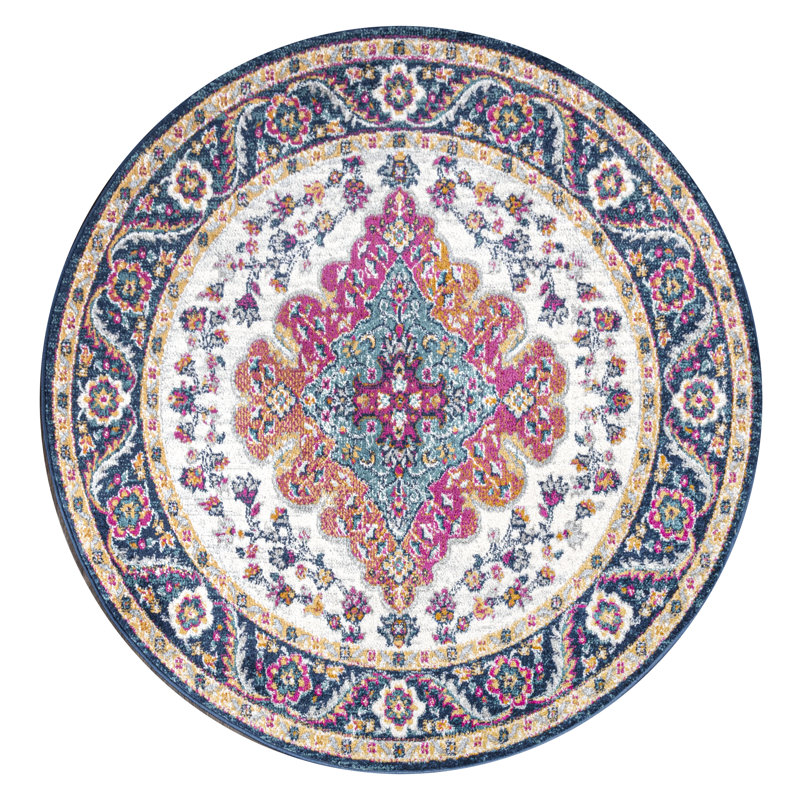 Lathan Power Loom Blue/Yellow/Cream Rug, Round 5'3"